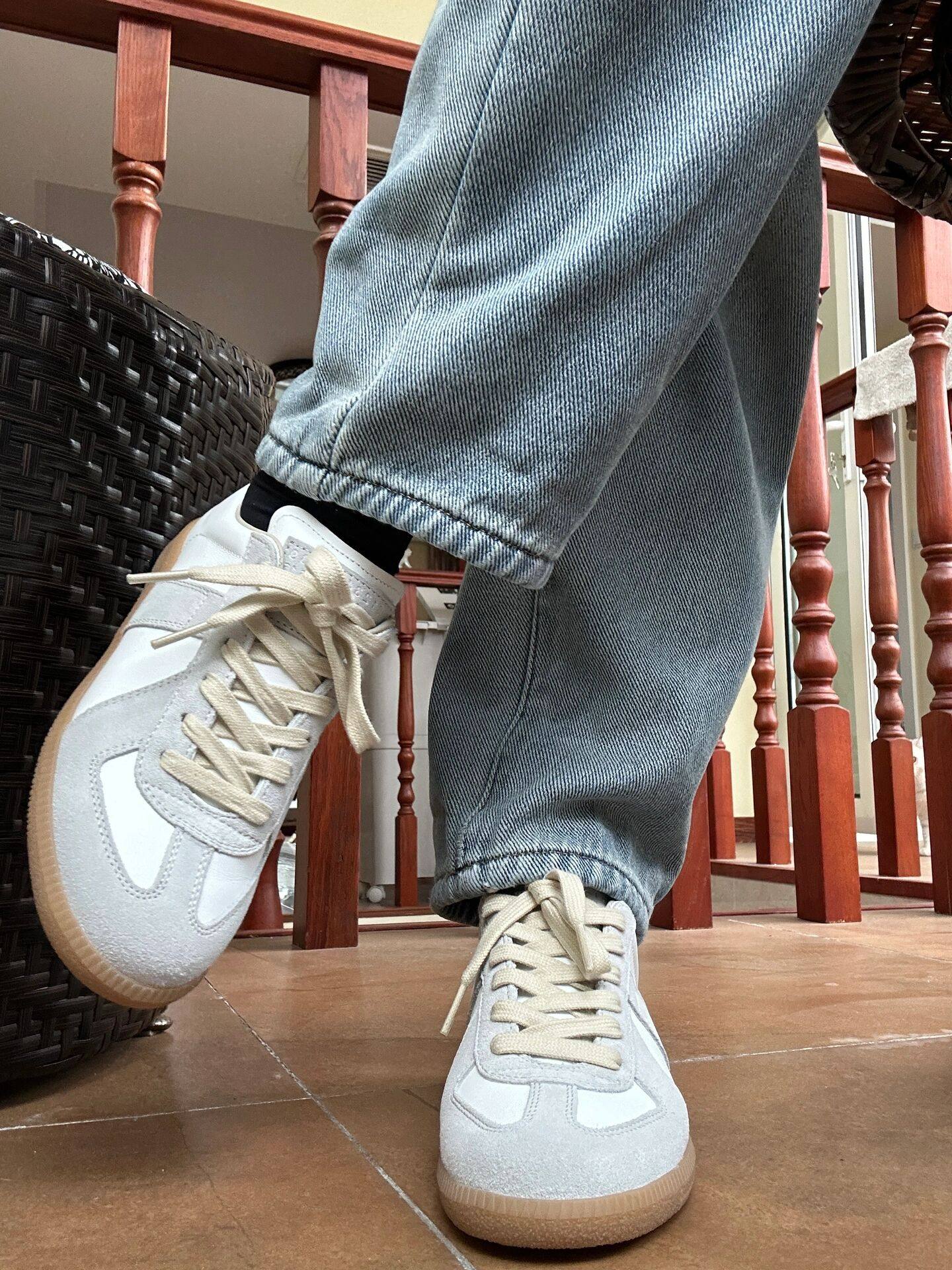 Genuine Leather Lace-Up Flat Sneakers | close up material texture
