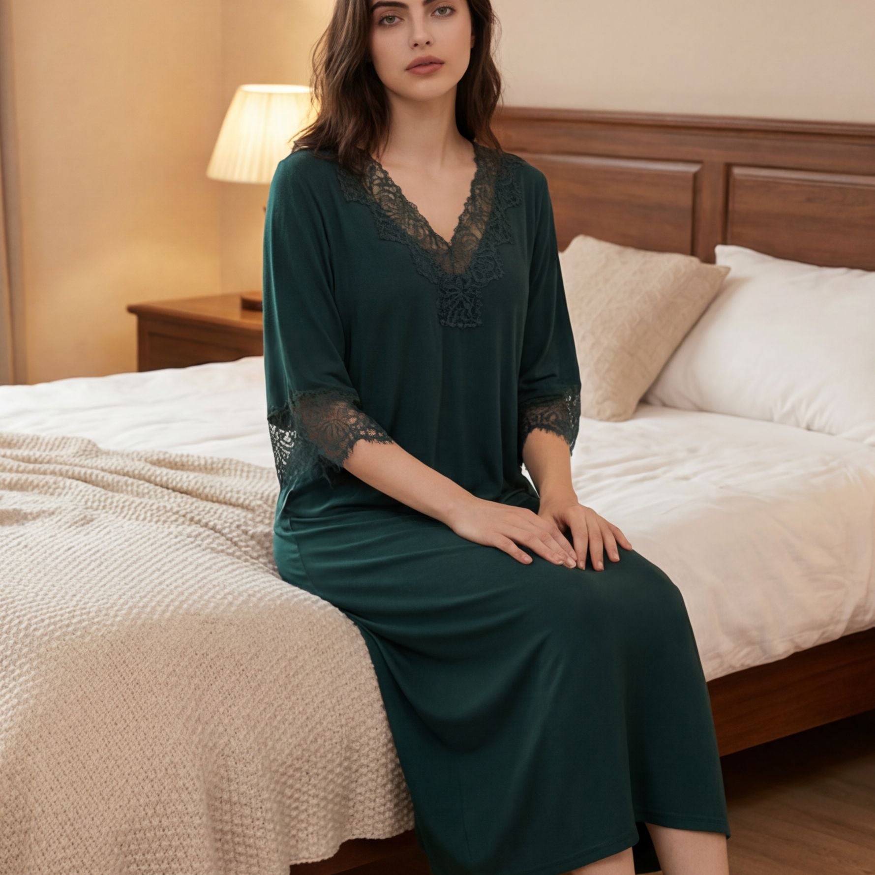 Lace trimmed nightgown laid flat to show the full length and lace hem