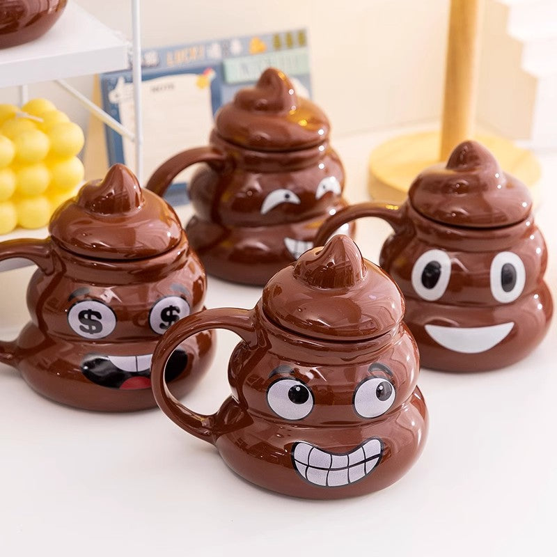 Four brown poop emoji ceramic mugs including a dollar sign get rich face, each with a pointed lid