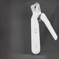 White pet nail clipper beside a graphic of the rechargeable battery and charging icons