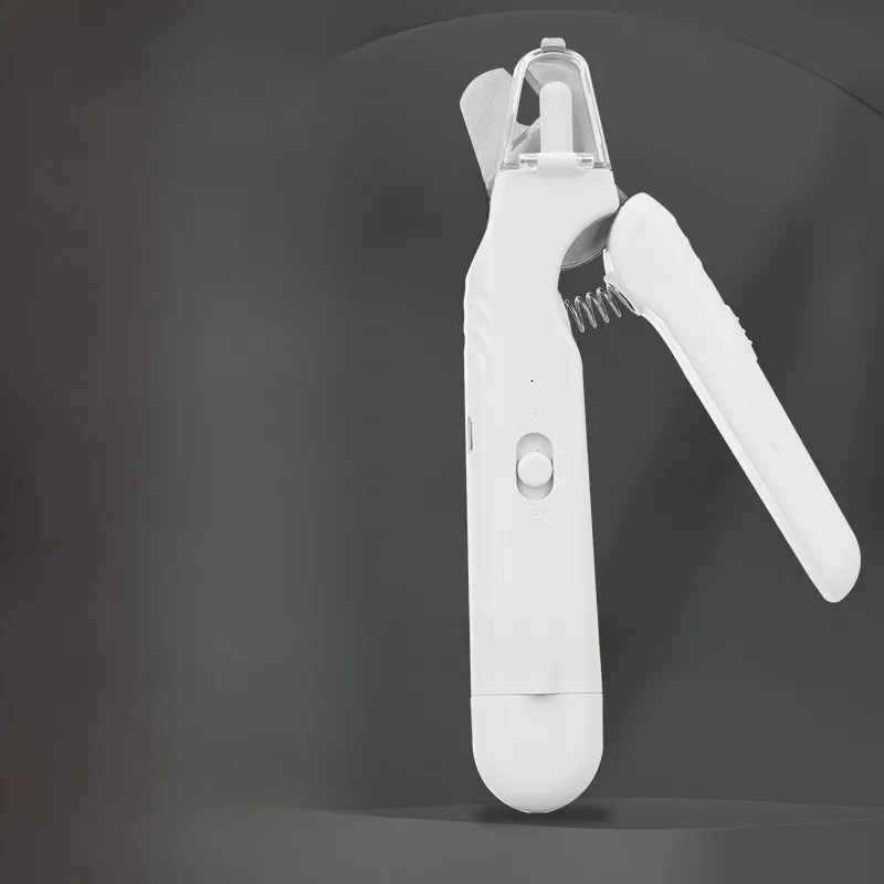 White pet nail clipper beside a graphic of the rechargeable battery and charging icons