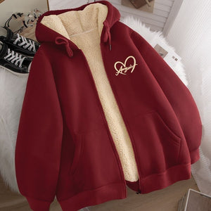 Sherpa lined zip up hooded fleece jacket shown as a studio flat lay product photo