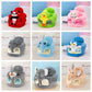 Design grid of plush baby floor seats in elephant, penguin, panda, bear and duck animal styles