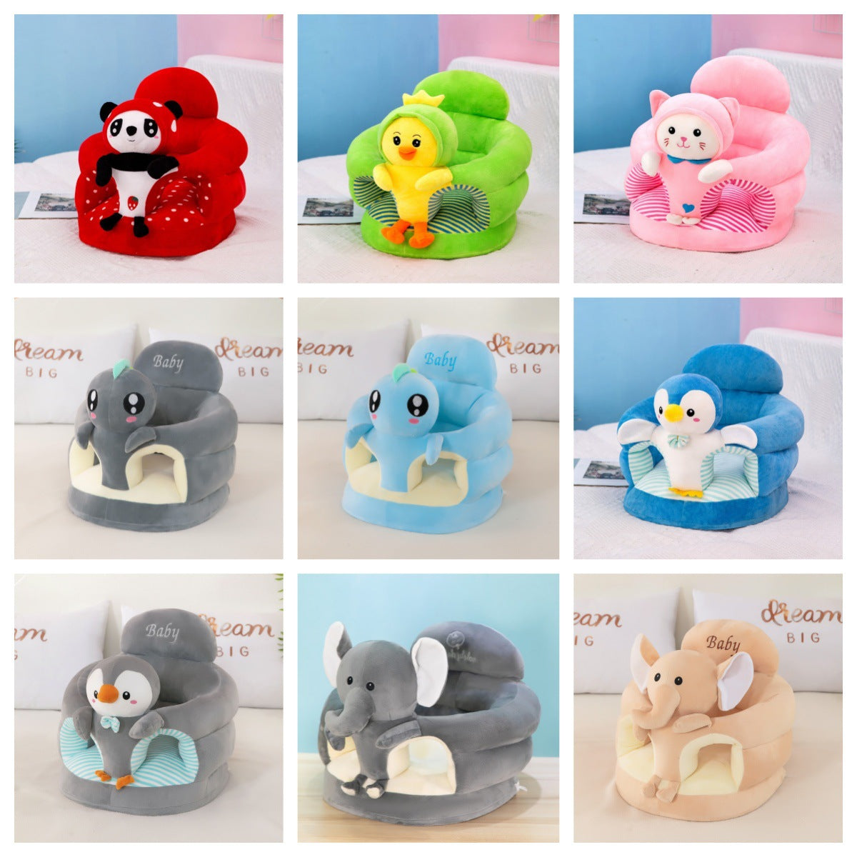 Design grid of plush baby floor seats in elephant, penguin, panda, bear and duck animal styles