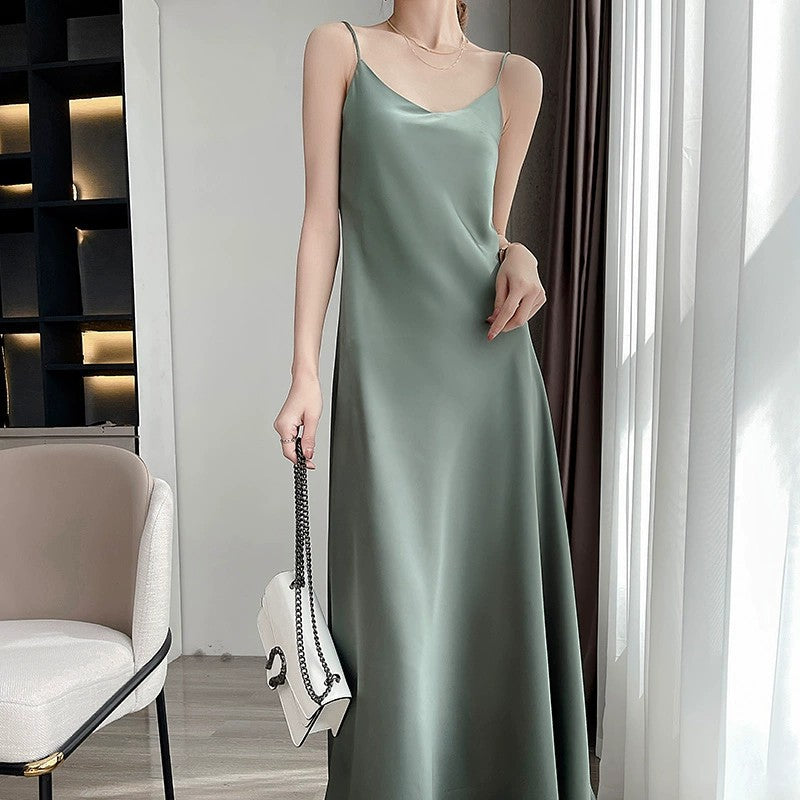 Triacetate Suspender Midi Dress | side profile angle shot
