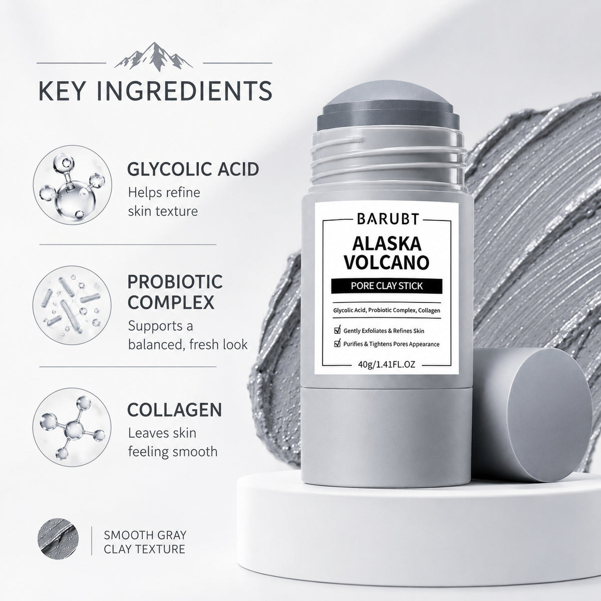 Alaska Volcano clay stick with key ingredients glycolic acid, probiotic complex and collagen listed beside the stick