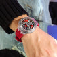 Close up of the skeleton dial texture with visible moving parts