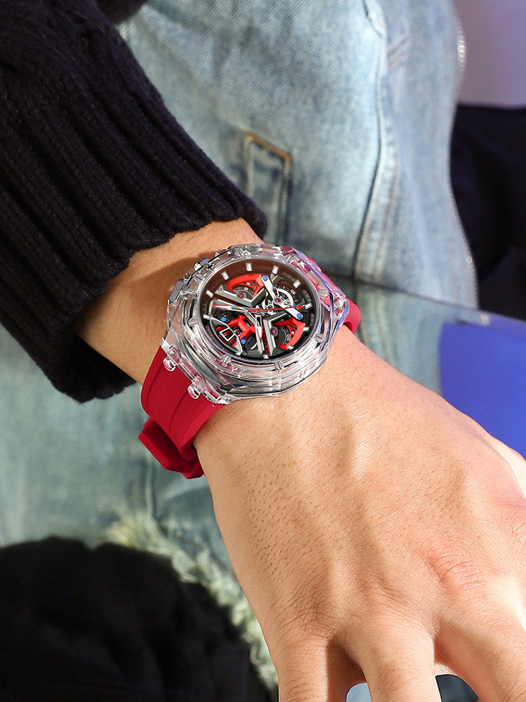 Close up of the skeleton dial texture with visible moving parts