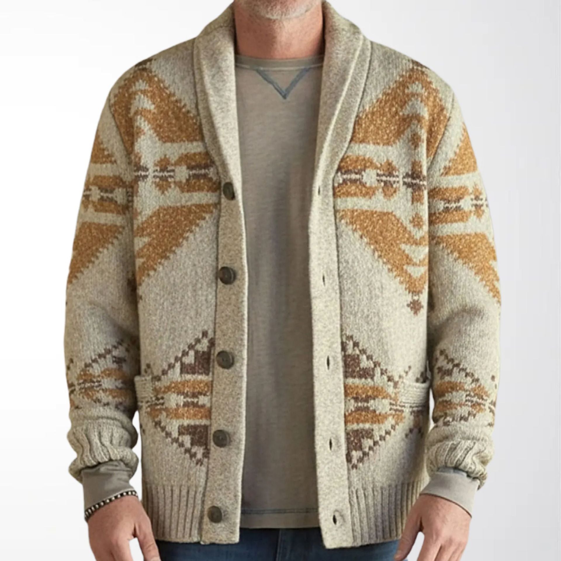 Side view of the mens geometric jacquard shawl collar knit cardigan in oatmeal
