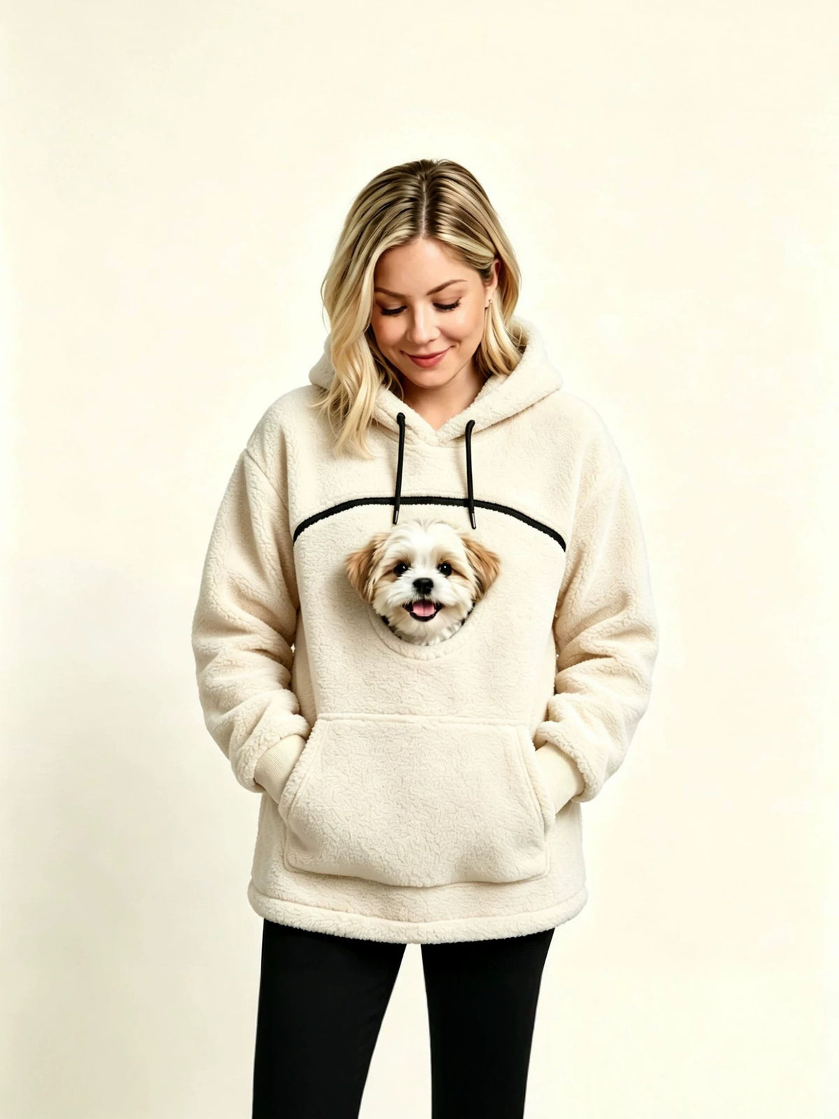 Cream teddy fleece hoodie with a curved zip above the chest opening and a small dog's head looking out