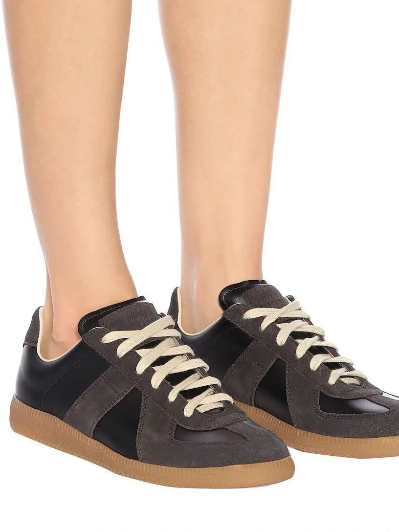 Genuine Leather Lace-Up Flat Sneakers | lifestyle in use scene
