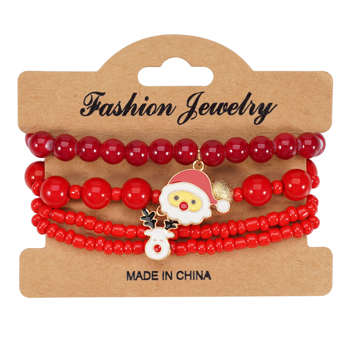 Red Christmas bracelet set on a Fashion Jewelry card with Santa and reindeer face charms