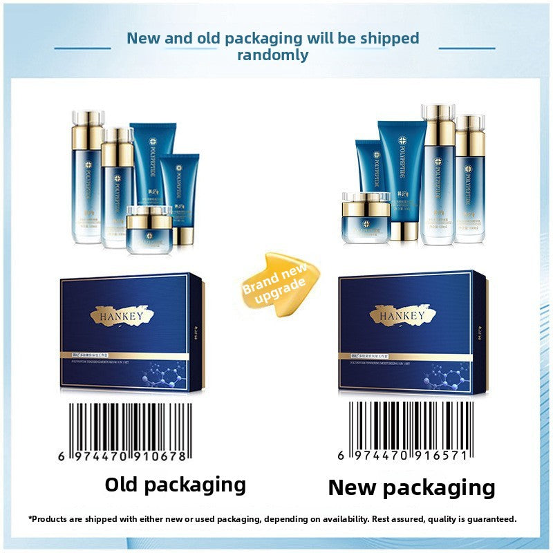 Old and new packaging designs of the Hankey Polypeptide five piece set, shipped at random
