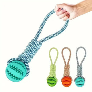 Dog treat dispensing rubber chew balls on braided tug ropes in blue, green, orange and black