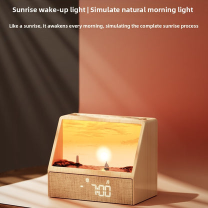 Sunrise wake up light alarm clock glowing with a warm sunset panel and a 7:00 digital display