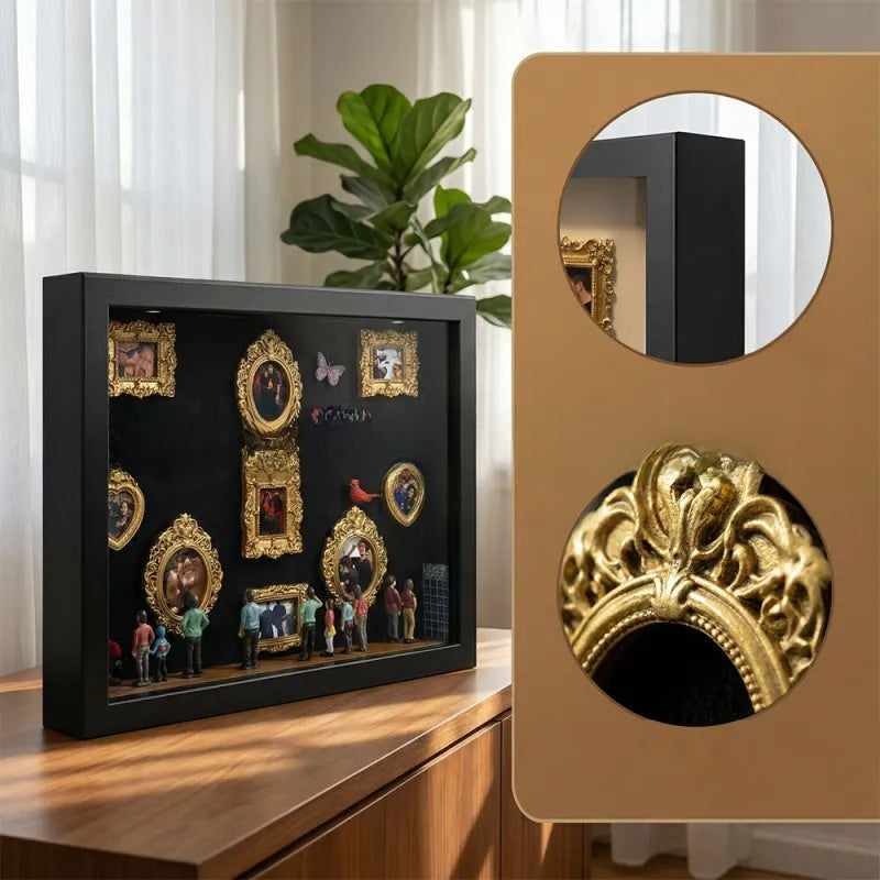 Black shadow box with a miniature gold frame gallery and figurines on a wooden console, with a gold detail close up