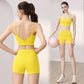 Woman in a yellow V-back sports bra and high-waist shorts set, back view and full-length front view