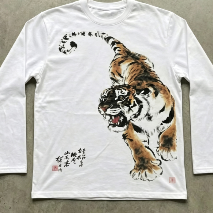 White mens tee with ink brush tiger graphic and calligraphy columns flat lay