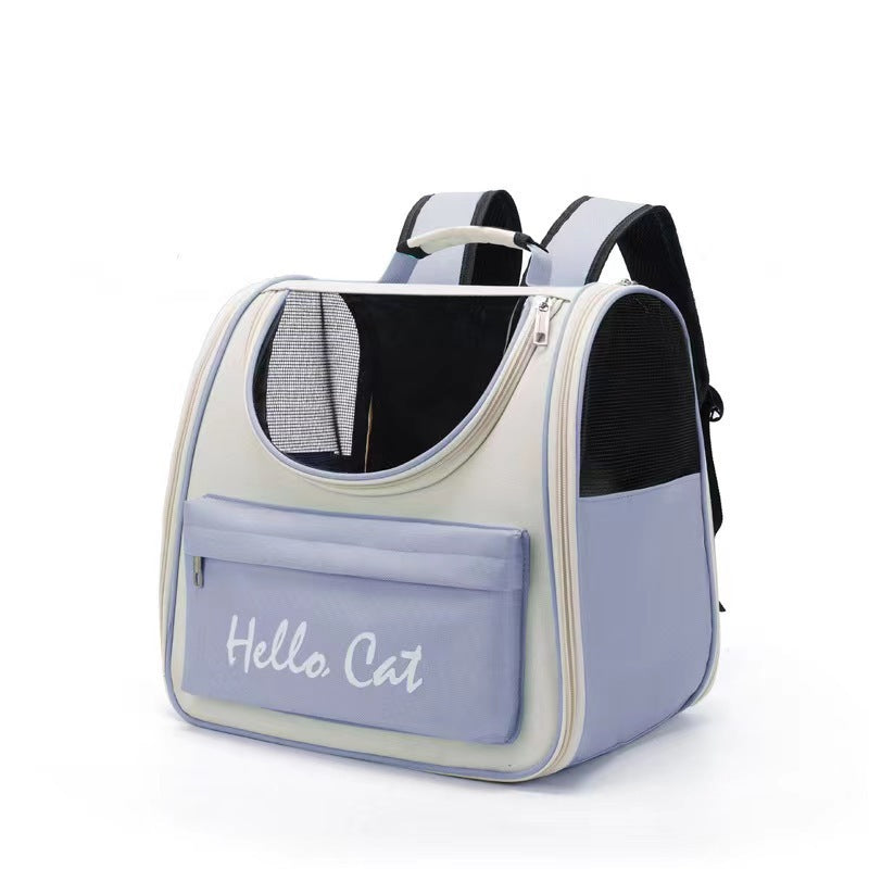 Light blue cat carrier backpack from the back showing padded straps and side mesh ventilation panel