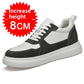 White and charcoal low-top sneaker with a chunky white sole and no side tag, 8 cm hidden lift version