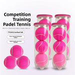 Four clear cans of pink padel training balls with three loose pink balls beside the title Competition Training Padel Tennis