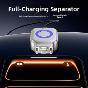 USB-C full charge separator adapter with a lit ring, shown connecting to a phone port