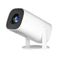 White portable Android projector side view showing the stand arm and the lens grille on a white background