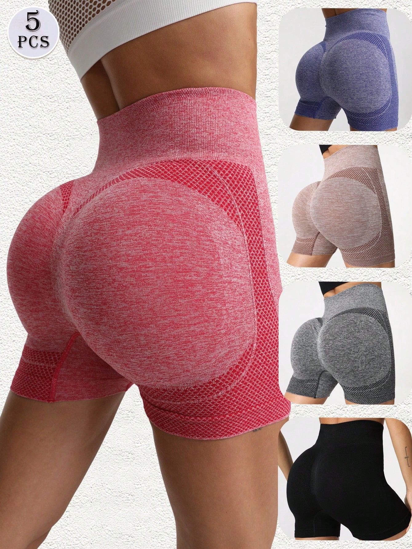 Maker collage of the seamless yoga shorts in red, blue, khaki, grey and black rear views