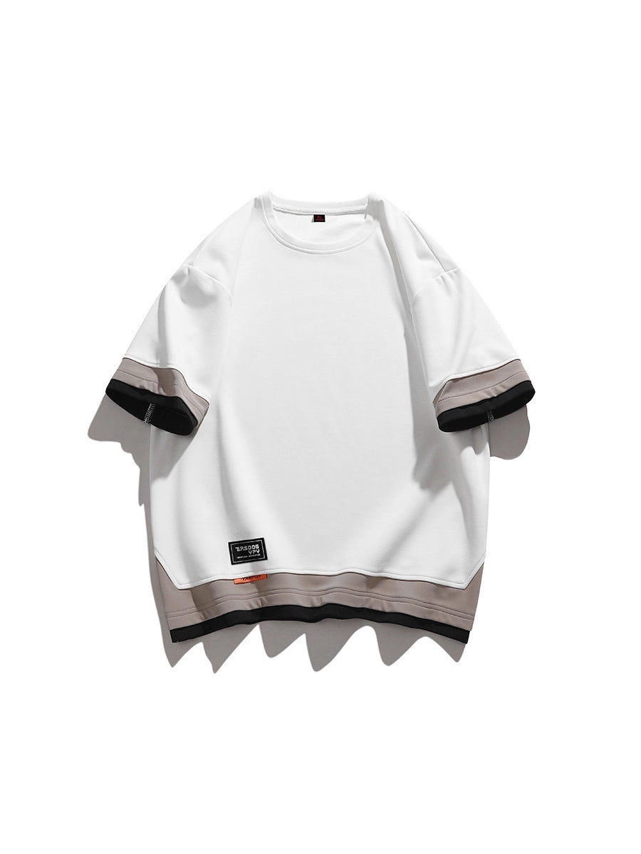 Men's round neck T-shirt shown at an angle with the ribbed crew collar
