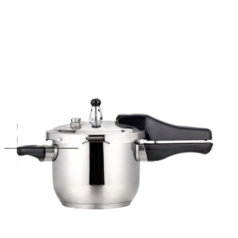 Detail of the locking handle and lid valves on the stainless steel pressure cooker