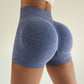 Marled denim blue ribbed shorts on a plain background, no pocket and no drawstring