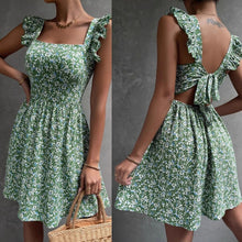 Womens Floral Square Neck Ruffle Strap Tie Back Mini Dress