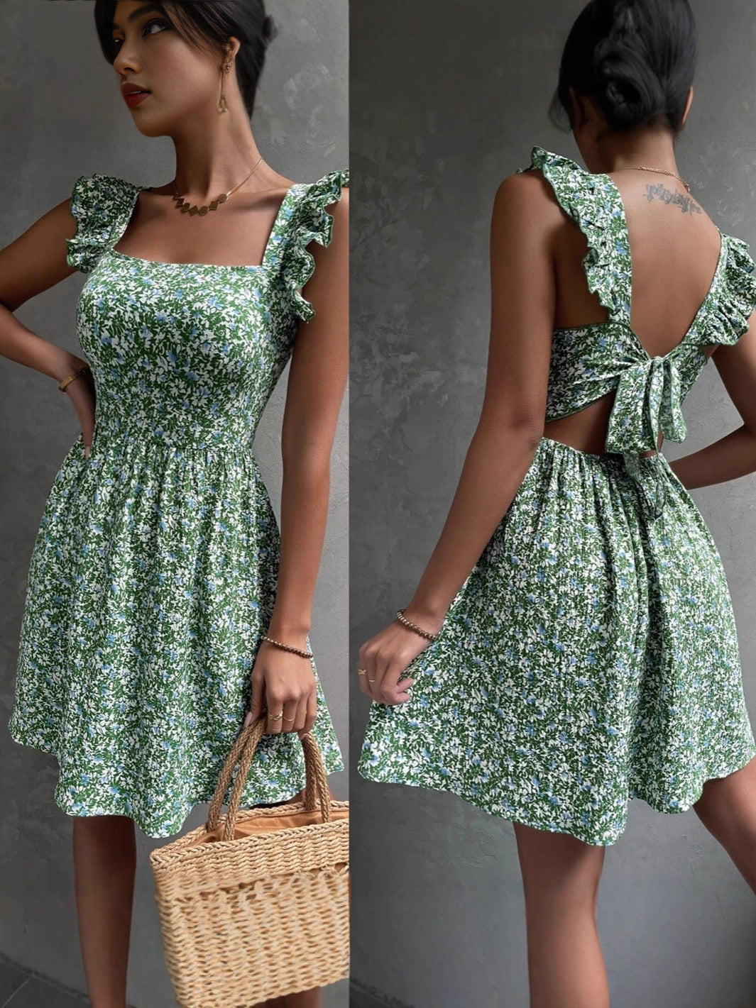Front and back of a green floral square neck ruffle strap mini dress with an open tie back
