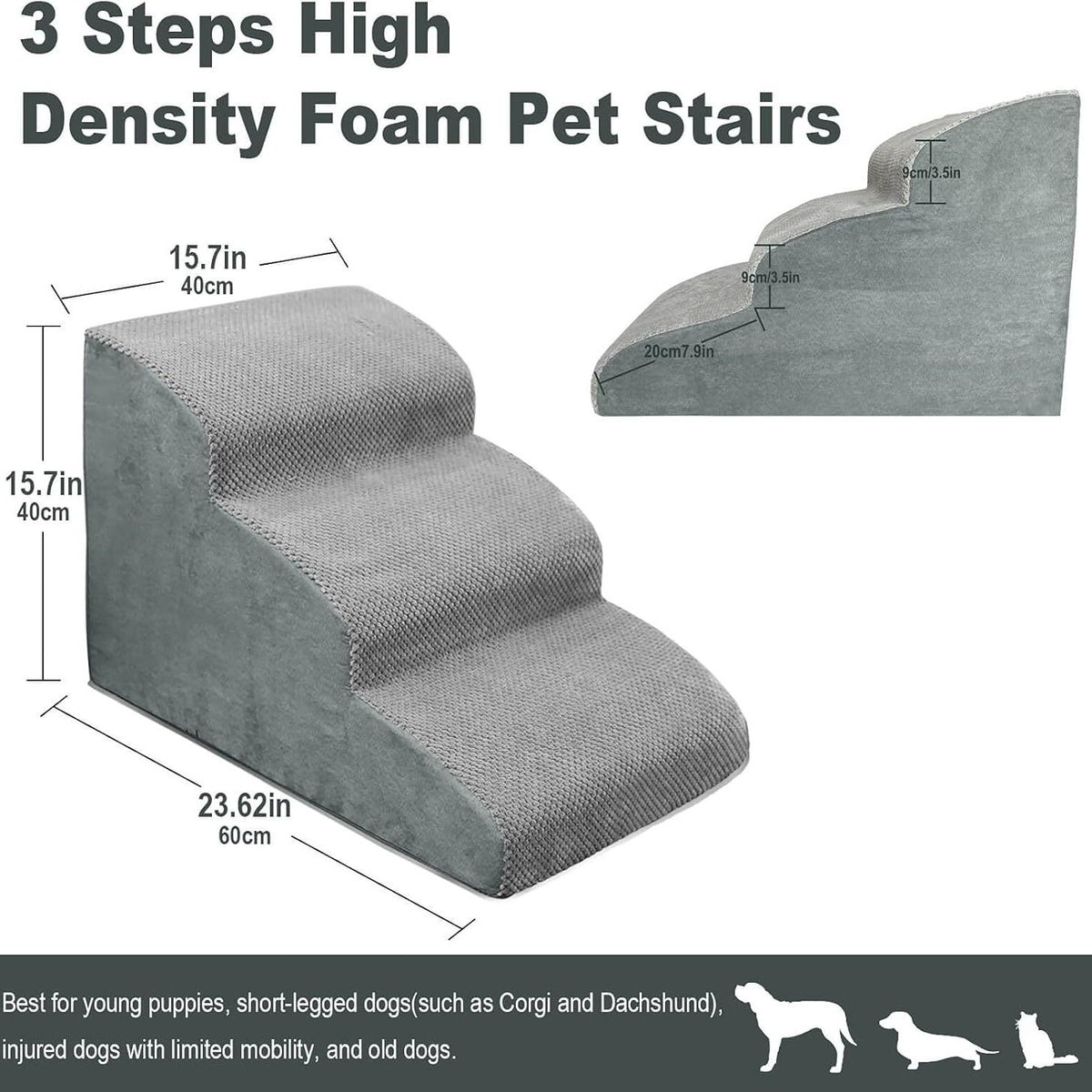 Maker size panel for the high density foam pet stairs with a 15.7 in by 15.7 in by 23.62 in drawing