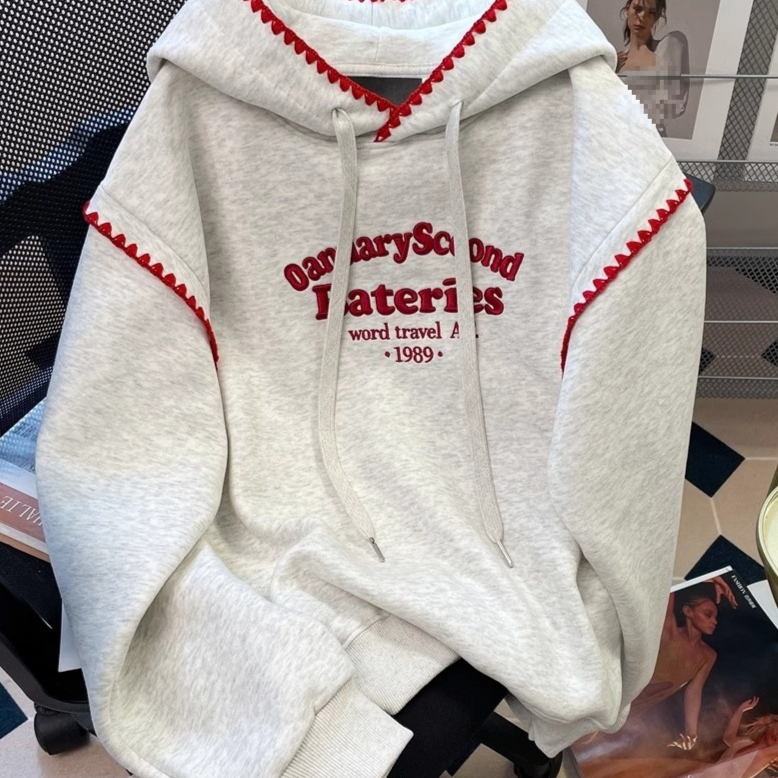 Mens embroidered color block corduroy hoodie front view in gray