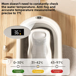 Cream and gray foldable baby bathtub with digital temperature display showing 36 degrees and mesh bath rack