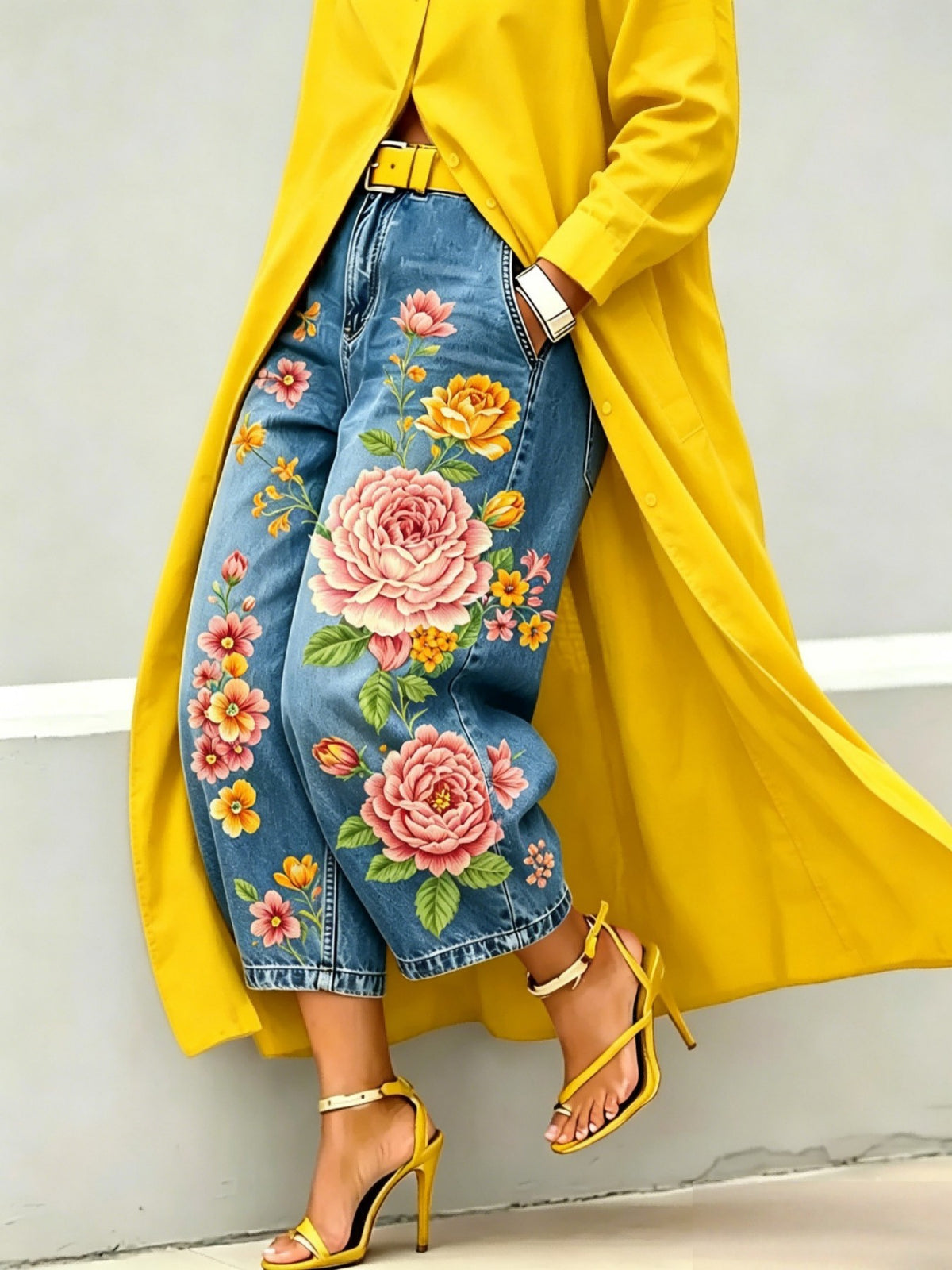 Wide leg cropped denim jeans with large pink peony and yellow blossom print, yellow coat and heels