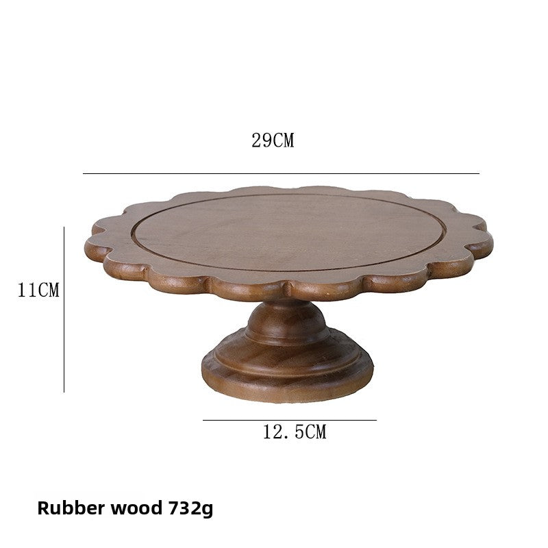 Model GX-3095 scalloped petal rim rubber wood cake stand, 29 cm wide and 11 cm tall