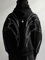 Black unisex zip up hoodie with white winged line embroidery worn from the back