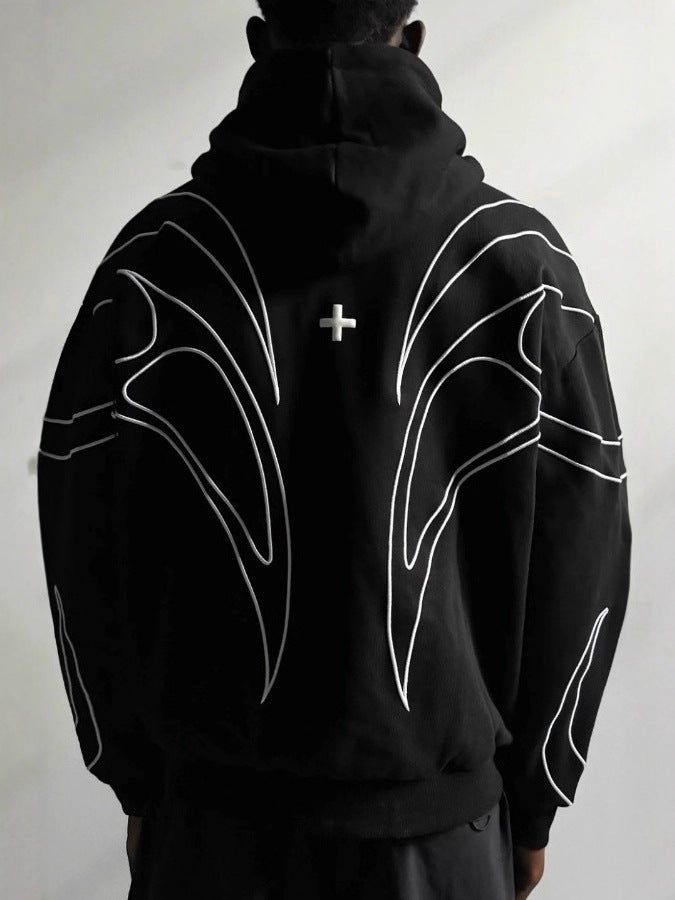 Black unisex zip up hoodie with white winged line embroidery worn from the back
