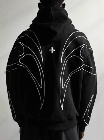 Black unisex zip up hoodie with white winged line embroidery worn from the back