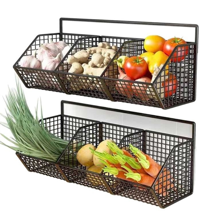 Wall mounted carbon steel wire mesh kitchen storage basket, the two grid basket with potatoes and carrots