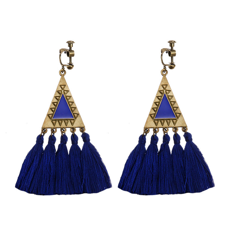 Handmade bohemian clip-on earrings with tassel and bead drop detail, zinc alloy frame, studio shot on white background