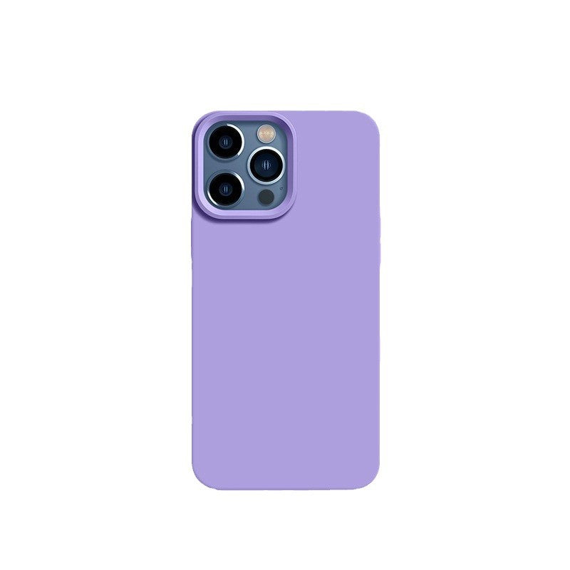 Lilac liquid silicone iPhone case back view on a plain white background with a framed camera opening