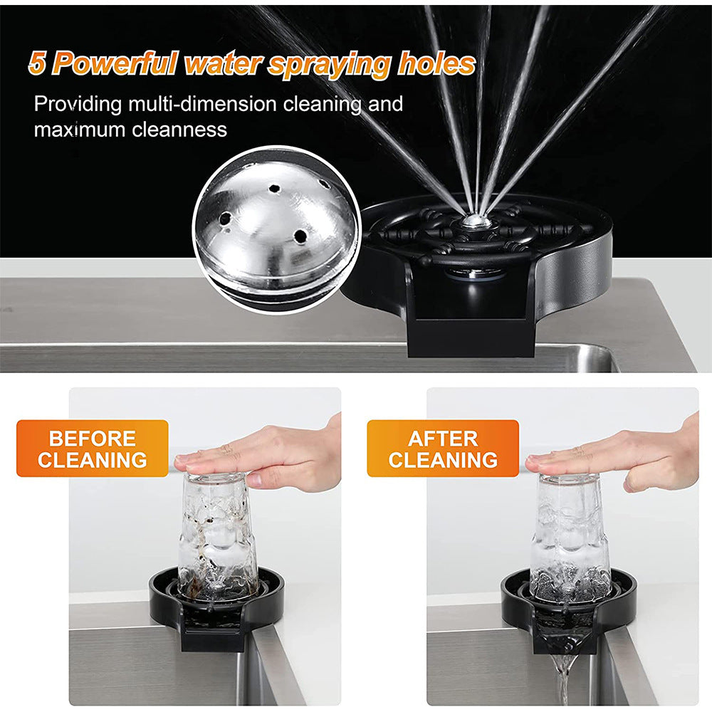 Automatic cup and glass rinser shown with its braided inlet hose and brass tee fitting