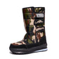 Detail of the velcro straps on the front of a plush lined winter snow boot