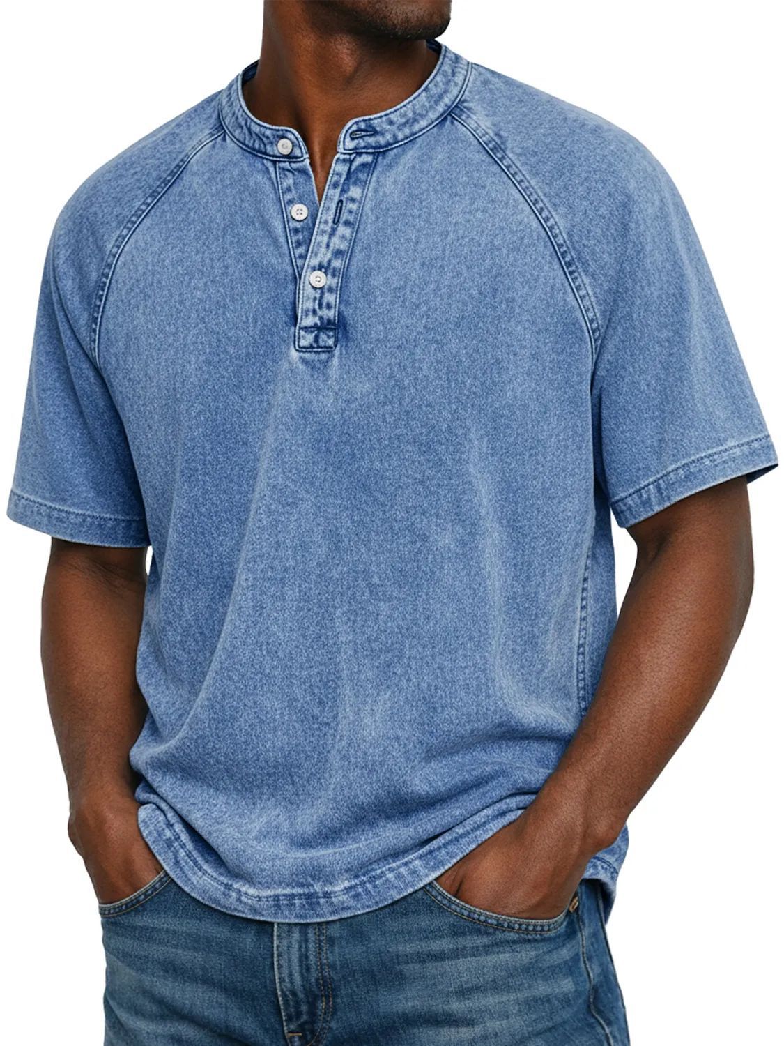 Man wearing a light blue washed denim short sleeve henley with a band collar