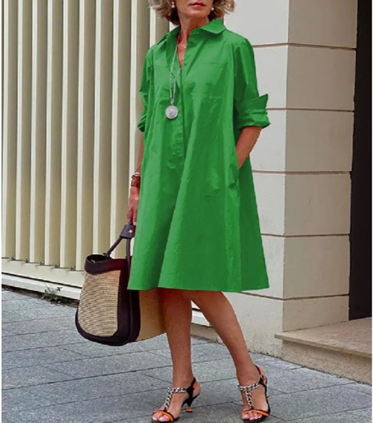 Green polyester shirt collar long sleeve A-line midi dress on a standing model