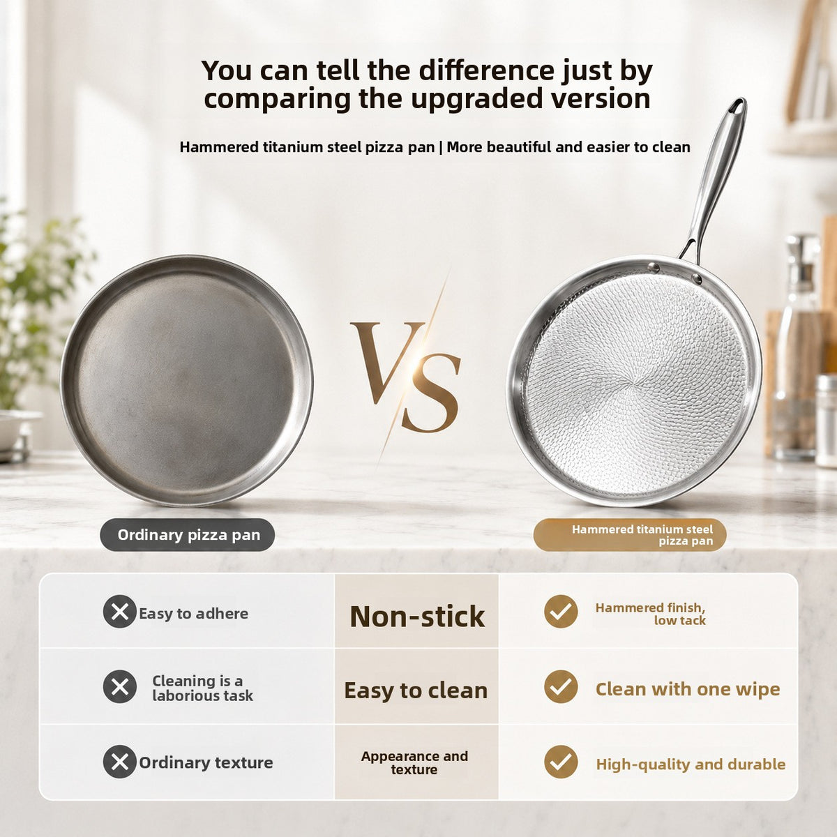 Comparison of an ordinary smooth pizza pan and a hammered flat pan with a checklist of features