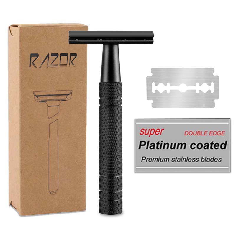 Matte black double edge safety razor with kraft gift box and a platinum coated blade card
